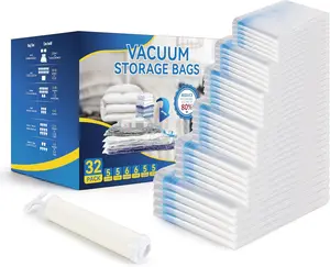Simple Deluxe 32-Pack Vacuum Storage Bags with Hand Pump - Space Saver Seal Bags Combo for Clothes Comforters Blankets Bedding & Pillows Jumbo Large Medium Small & Roll Sizes - Organiser