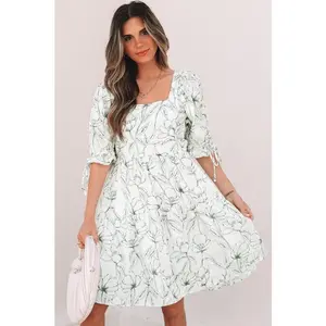 Floral Square Neck Shirred Back Mini Dress