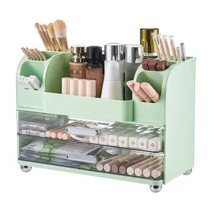 Makeup Organizer for Vanity with 2 Large Drawers, Cosmetic Display Case with Brush Holders, Easy to Storage for Bathroom Countertop Skincare, Desk Office Supplies