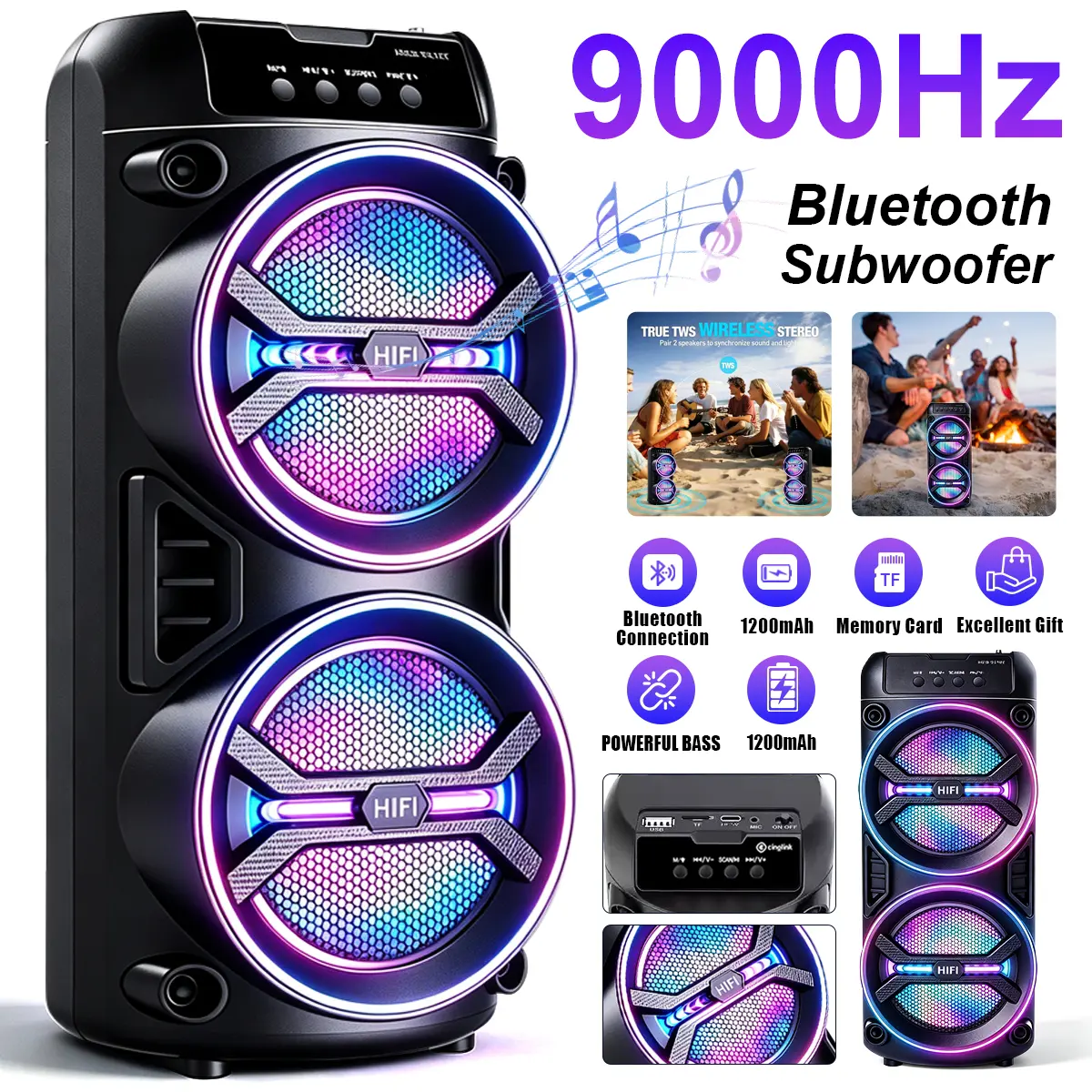 9000Hz Portable Wireless Bluetooth Speaker RGB Subwoofer Bass | 360° Surround Sound, FM Radio & USB Play, TWS Pairing, Mic Input Support, Party & Home Use