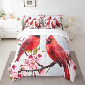 Cardinal Bed in a Bag,Comforter Set,7 Piece,Pastel Pink Flowers Bedding Sets,Red Bird Animal Sheet Set,with Comforter,