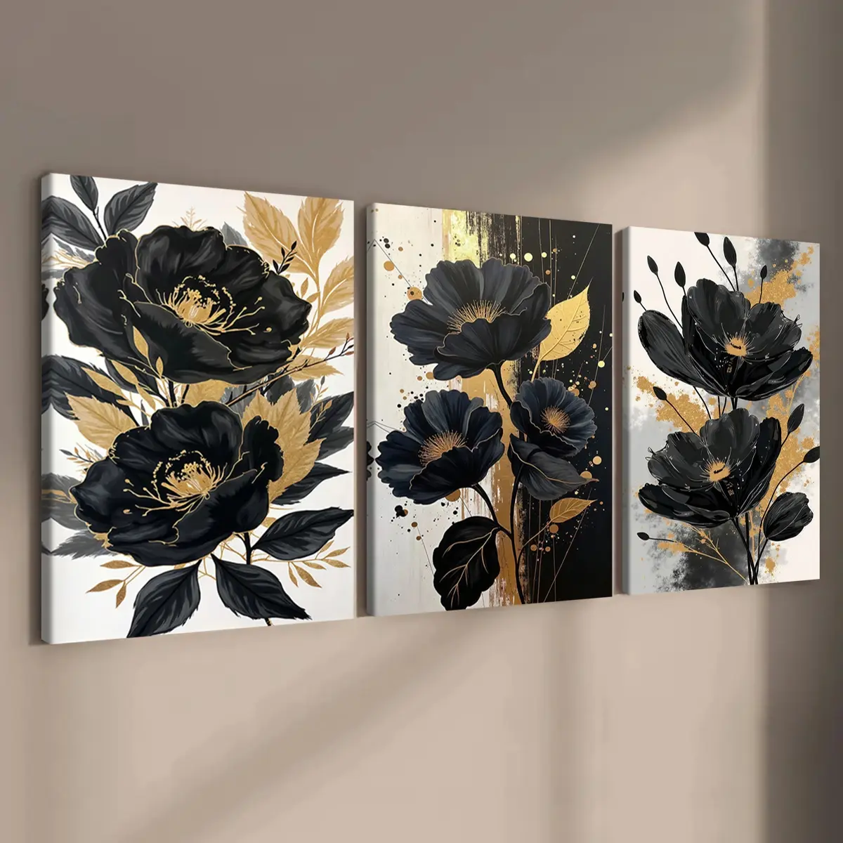 3 count wooden frame canvas, Black Gold Luxury flower triple poster, Floral Prints, charming flower Art, Floral Abstract Design, Stylish bedroom Decor, Modern Art Home Decor, Living Room and Hallway Wall Decor, HD, waterproof, Art