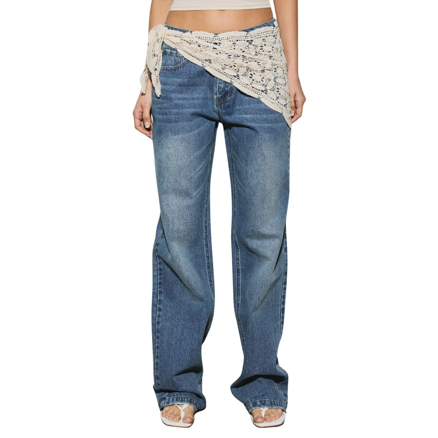 Wide Leg Jeans with Detachable Crochet Wrap Scarf Belt