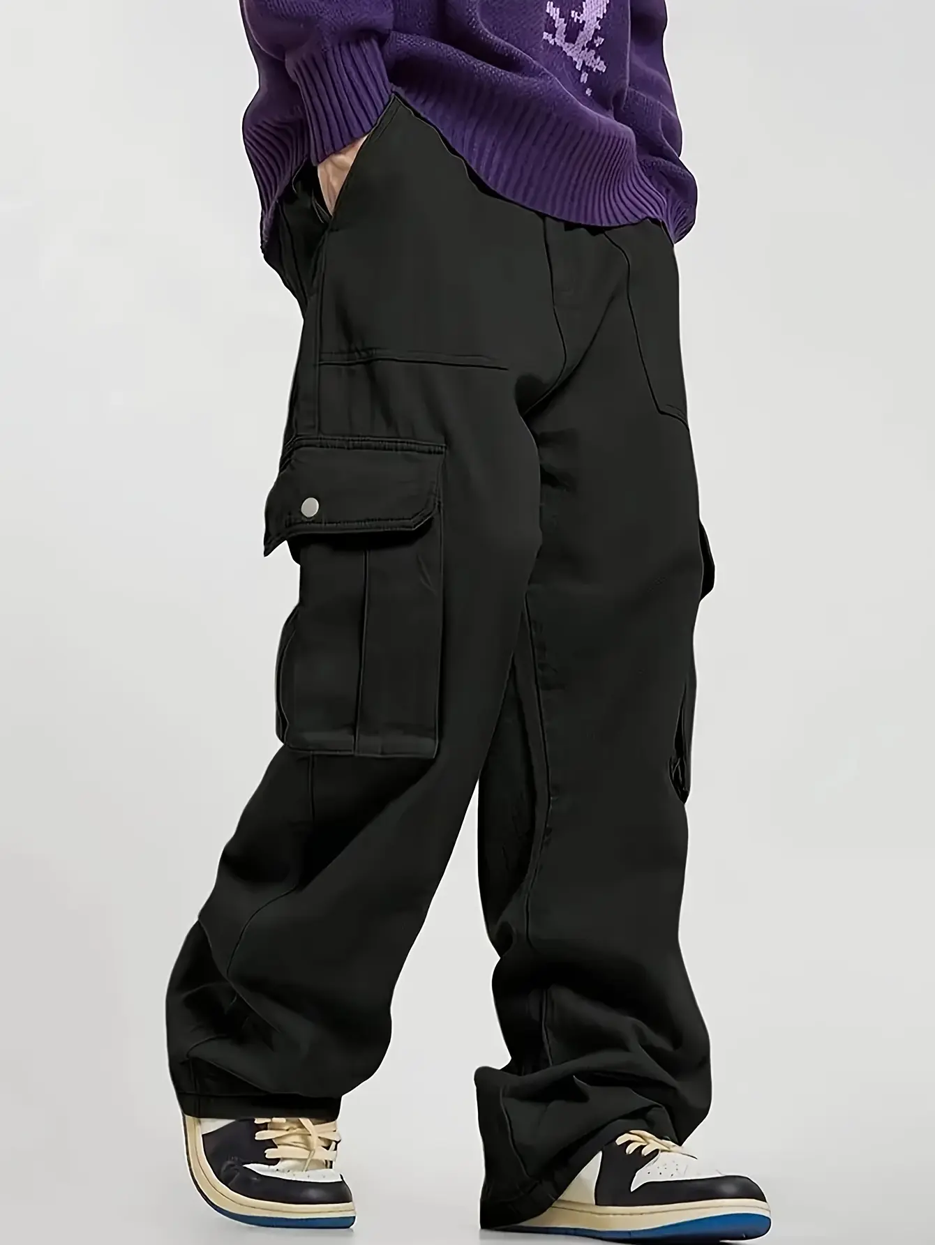 Men’s American high-street cargo pants with multiple pockets, straight wide legs, casual athletic long pants for spring/autumn  Sweatpants Baggy Black Menswear Stylish Trouser