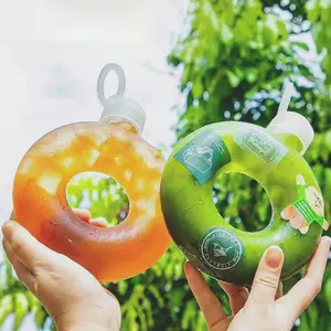 500ML/350ML Creative Fashion Portable Travel Donut Sport Water Milk Tea Juice Bottle Kettle High Temperature Resistant Annular Tea Cup Cute Donut Kids Water Bottle Travel Cup with Handle Ring Anti Fall Transparent Drinking Bottle Colorful Drinkware Loop