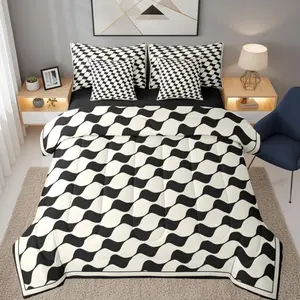 Feelyou 7-Piece Beige Black Plaid Queen Comforter Bed Set with Sheets, Triangle Checkered Geometric Gingham Linens for Kids Boys, Simple Modern Bedding, Queen Comforter Set