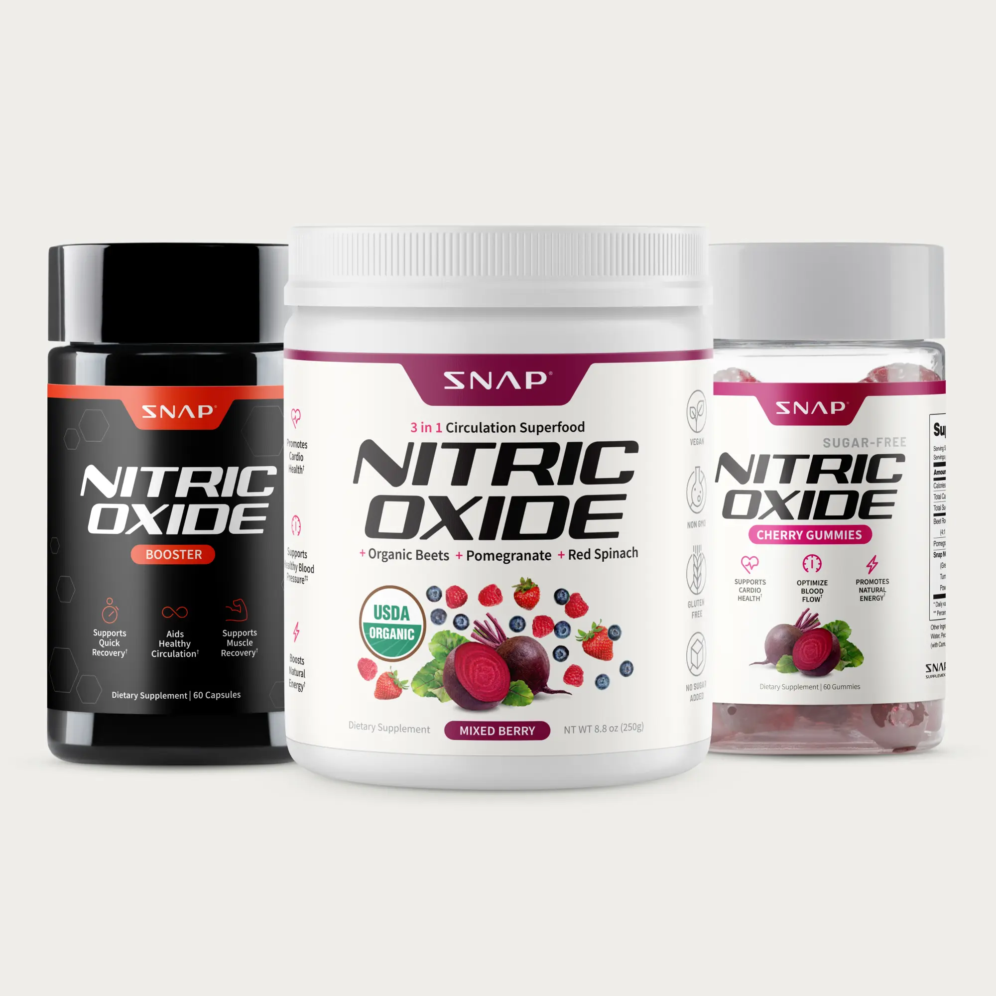 Snap Supplements  - Berry Flavor Nitric Oxide Beets + Cherry Flavor Nitric Oxide Gummies + NO Booster 60ct - Natural Supplement Bundle