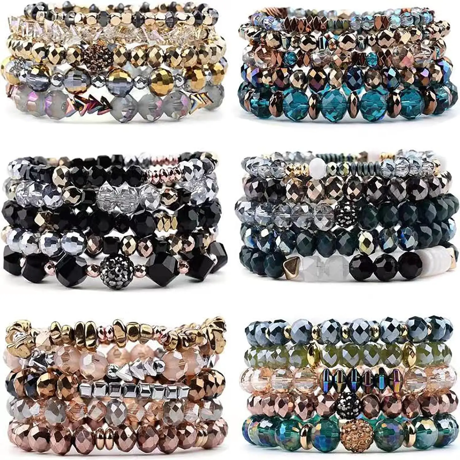 6-Piece Bohemian Bead Bracelets for Women, Multicolor Layered Bangle Set with Glass and Crystal Accents, Costume Jewelry, Graduations, Accessories For Women, Classmate, Gifts, Birthday, 90-Day Exchange Or Money-Back Guarantee, Anniversary, Arm Candy Acces