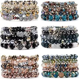 Bohemian Beaded Stackable Bracelets for Women 6 Sets Multilayered Crystal Bracelet Set Multicolor Glass Bead Elastic Fashion Jewelry
