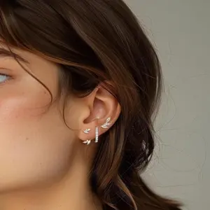 3 pairs of small silver earring set, women's hypoallergenic fashionable earrings, exquisite cartilage Huggie Dangle earrings, suitable for multi hole silver, cubic zirconia stacked jewelry