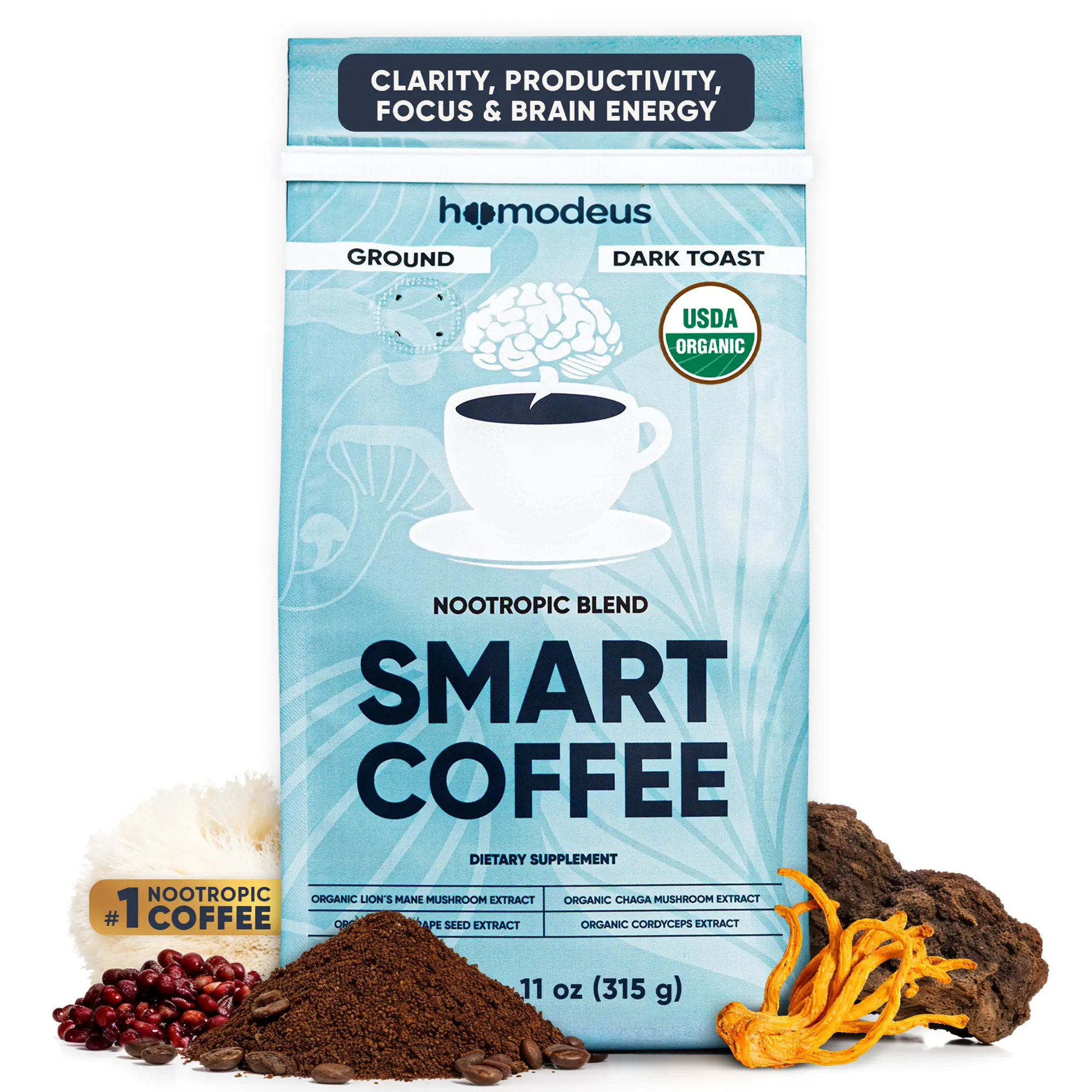 Organic Mushroom Coffee Ground Nootropic with Lions Mane Chaga Cordyceps & Red Grape Seed Dark Roast for Focus Clarity Productivity & Brain Energy 30 Servings - Natural