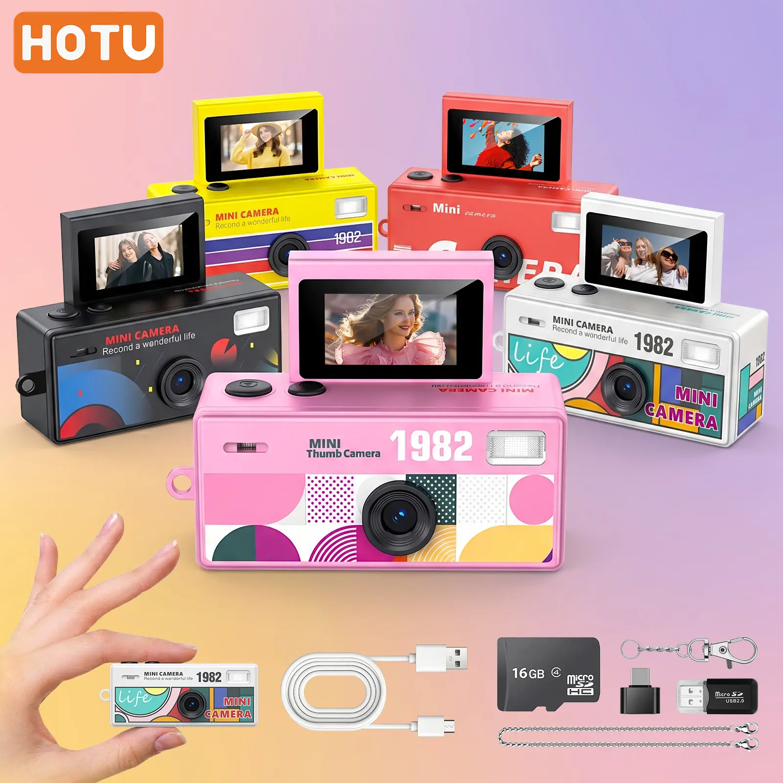 HOTU Mini Flip Screen Digital Camera - Ultra-Compact HD 720P Camera | 1.0MP Lens, Flash & 0.96" Display | Built-in 16GB Card + Charging Cable | Retro Video Camera for Travel, Gatherings, Kids & Parties