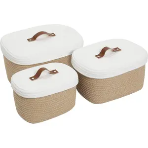 Set of 3 Stylish Large Rectangular Woven Baskets with Lids Elegant Storage Solution for Home Decor and Organization Beige White Lid