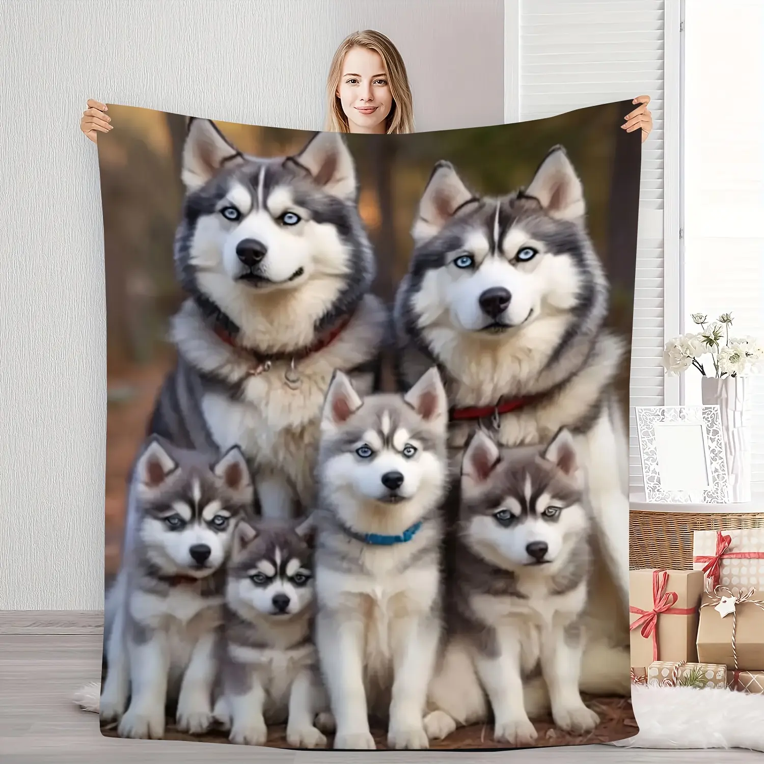 Soft & Warm Cozy Husky Family Flannel Blanket | Siberian Husky Print with Adorable Puppies, Perfect for Bedroom or Sofa Decor, All-Season Comfort, Machine Washable, Contemporary Style, Mixed Colors, Plush Flannel Fabric