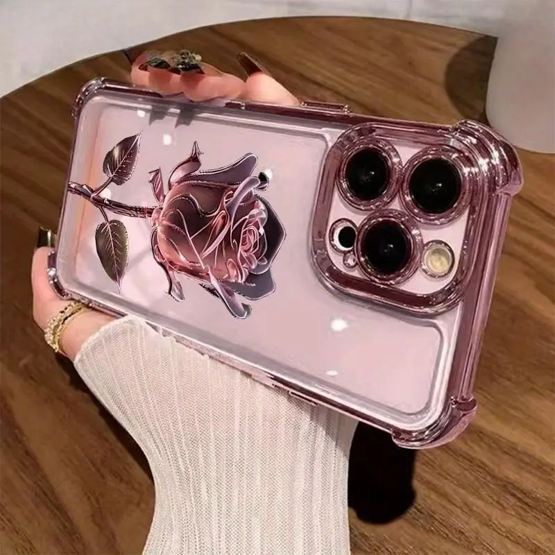 Pink rose electroplated pattern, drop-proof and non-slip TPU phone case, compatible with iPhone 17 Air, 16 Pro Max, 15 Plus, 14, 13, 12, 11. A unique phone case that can be given as a gift to boys or girls.QXA827 i̇phone  pro  max  cases.QXA827