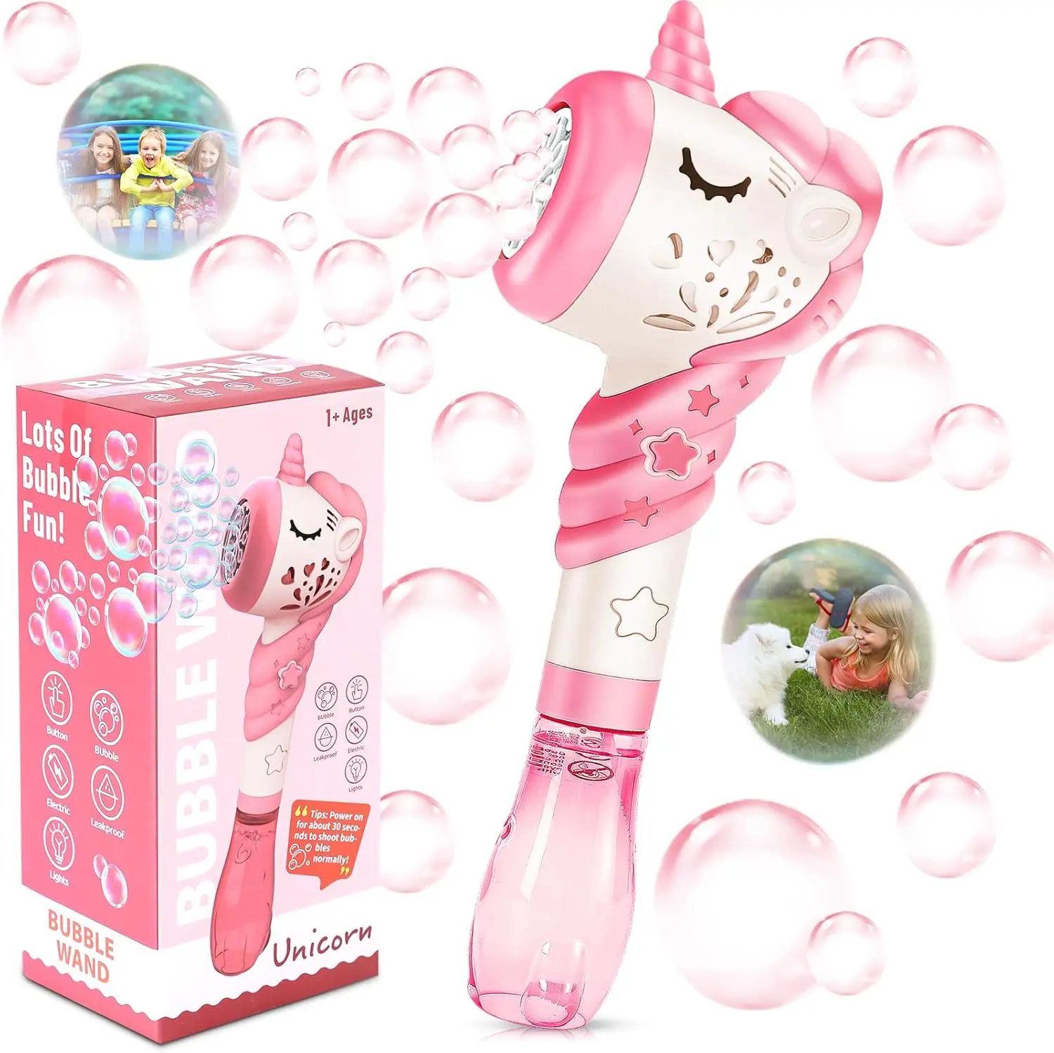 Halloween fall Gift Unicorn Bubble Machine Wand Gifts for Kids Toddlers Age 1 2 3 4 5 6 7 8 Years Old Birthday Party Unique Cute Baby Outdoor Outside Summer Toy Easter Day Game for Little Girl Boy Include Solution Pink