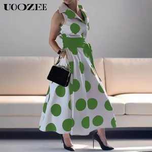 A-Line Sleeveless Polka-Dot Split-Joint Tied Waist Lapel Maxi Dresses Shirt Dress