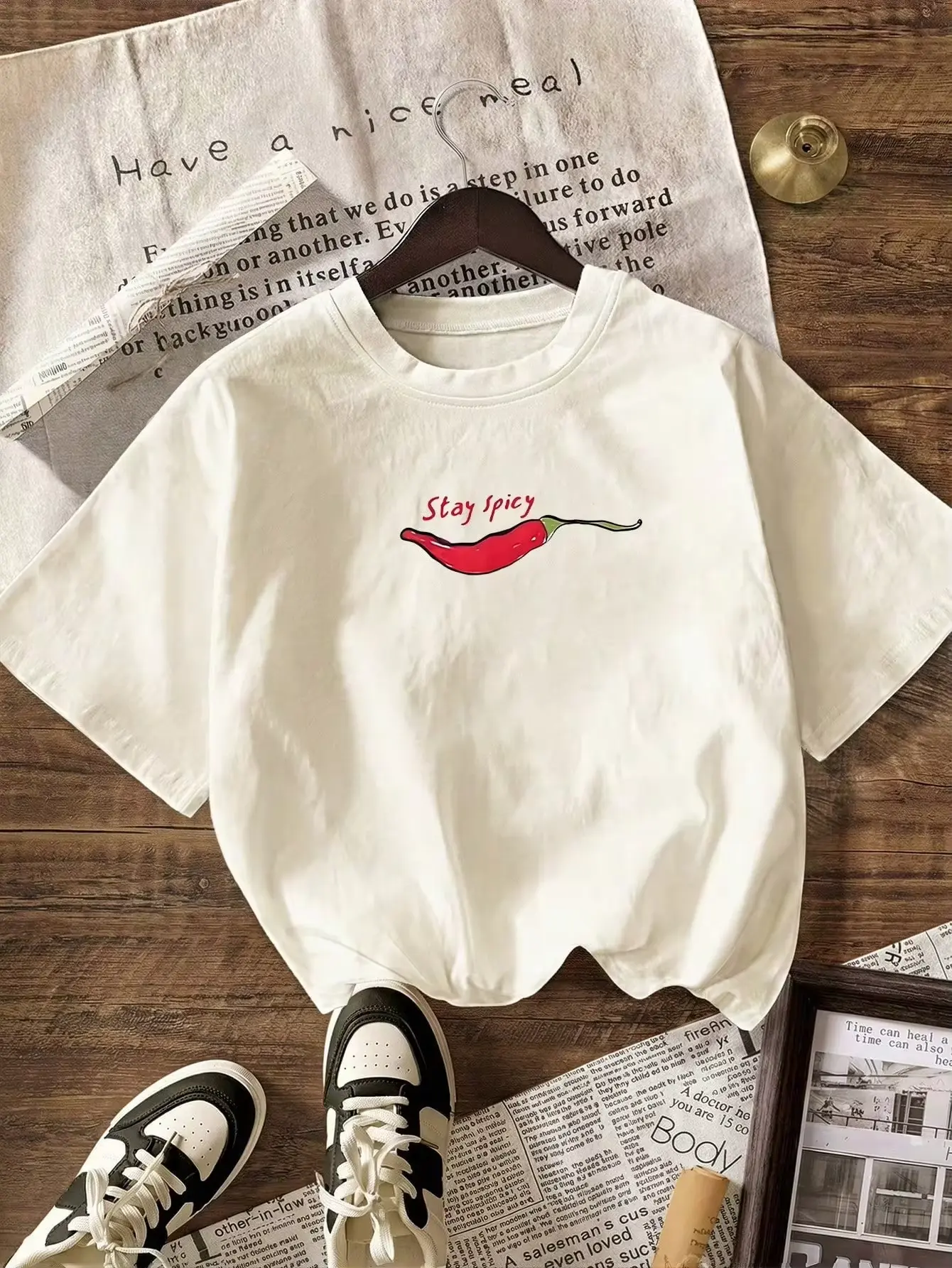 Stay Spicy Chili Pepper Y2K Graphic Short Sleeve T-Shirt, Casual Summer Vacation Beach