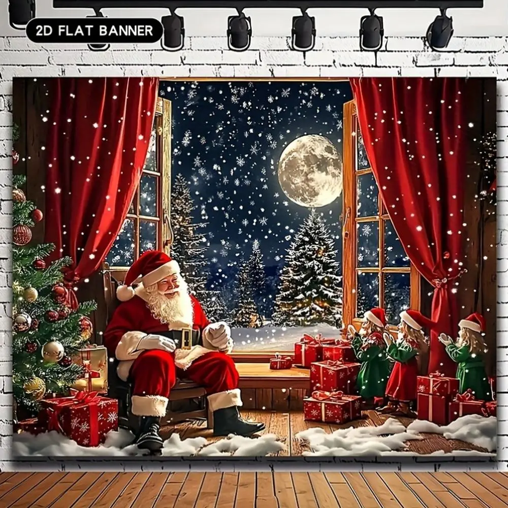 1pc 2D Flat Festive Santa Claus & Christmas Tree Party Decorations Banner - Polyester Material Wall Decor with Moonlit Night Scene, Red Curtains, Gift Boxes, Ideal for Home Party Decor, Party Decorations Banners