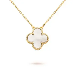 Pre-owned Vintage Alhambra Pendant 18K Yellow Gold with Mother of Pearl Unique Stone Clasp 16.54 Inches Chain
