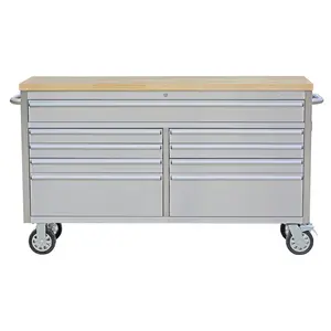 GARVEE 61 Inch Rolling Tool Chest, Garage Workbench with 9 Drawers, Mobile Workstation Tool Cabinet for Workshop Storage, Solid Rubber Wood Top & with Wheels Lock Key Locking