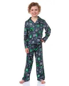 Minecraft Pajamas Kid's AOP Creeper Block Head & Icons Print 2-Piece Long Sleeve Button Down Coat PJ Pant Set Boys Girls