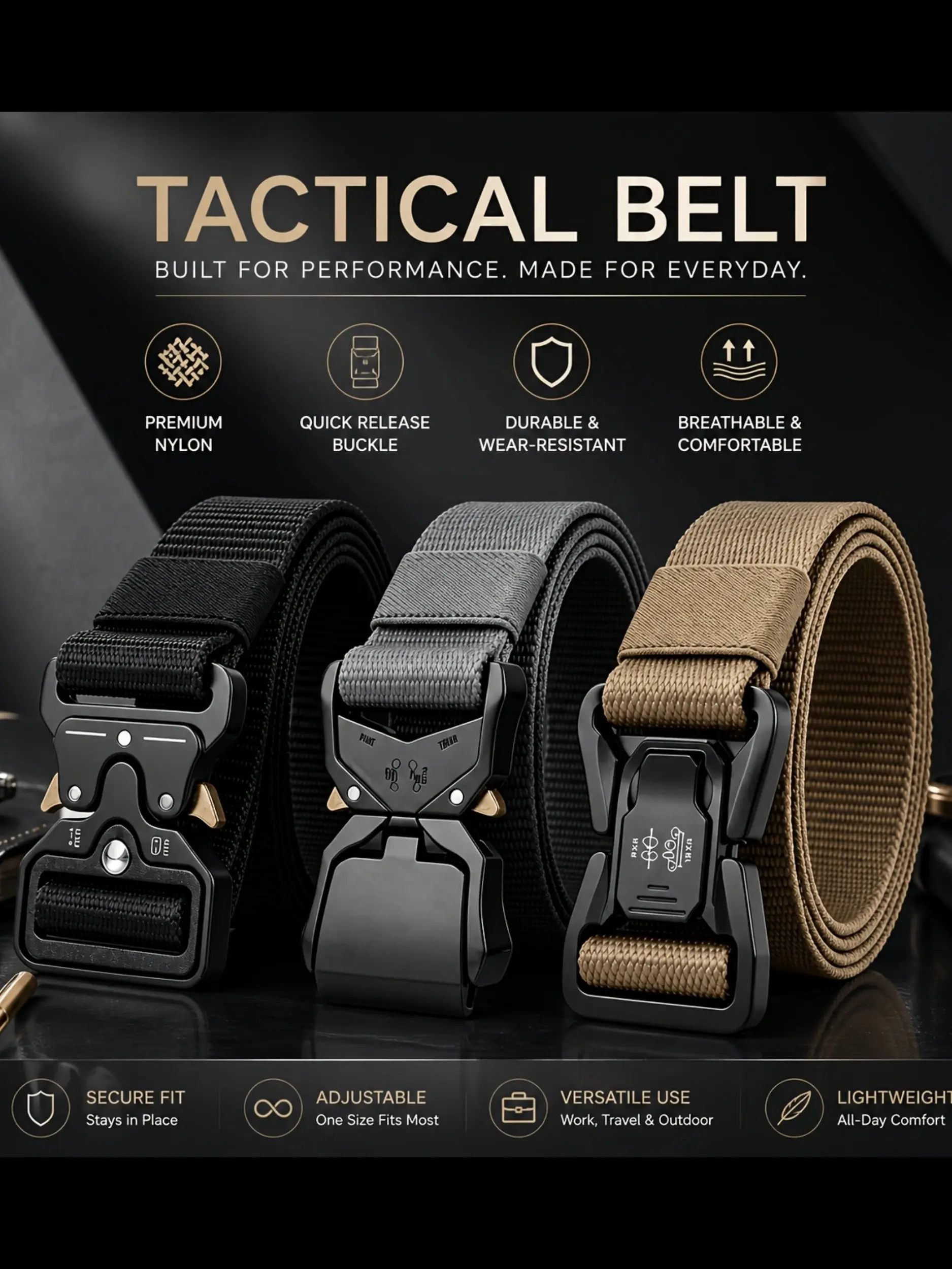 2026 New 3-Piece Men's Nylon Belt Set, Quick Release Buckle, Adjustable Strap Belt, Lightweight Durable Webbing Belt, Adjustable Belts for Work, Travel, Hiking, Camping, Daily Wear