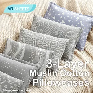 NTBAY 2 Pack 3-Layer Muslin Cotton Pillowcases – Soft Quilted Cushion Covers with Light Warmth & Envelope Closure