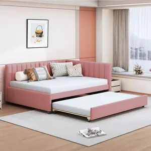 Full Size Upholstered Daybed Frame with Twin Size Trundle, Daybed with Wood Slats, Linen Fabric Sofa Bed Frame for Living Room Bedroom