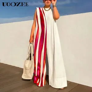UOOZEE Women's Lady Striped Linen-Cotton Sleeveless Jumpsuit with Shoulder Pads, Contrast Color Print, Baggy Wide Leg, Casual Style, Machine Washable