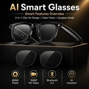 The AI-shot Multifunctional Wearable Smart Glasses feature an 8-megapixel high-definition camera, 1080P video recording, 4GB internal Wifi wireless transmission, Bluetooth calls, magnetic charging, and come with a free sun and transparent lenses