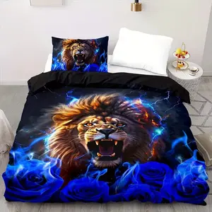 Blue Rose Lion Bedding 3-Piece Set, suitable for bedrooms and guest rooms, including 2 pillowcases and 1 duvet cover (unfilled) made of polyester material, suitable for all seasons