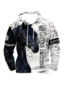 Men's Casual Graphic Print Hoodie, Novelty Retro Cartoon Horse Pattern Sweater 3D Printed Sweatshirt, Men's and Women's Pullover Hooded Sweatshirt