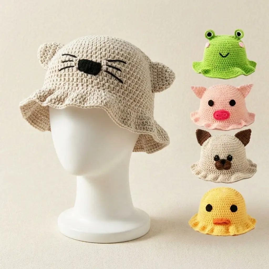 Adorable Handmade Knit Animal Bucket Hat Stylish Cartoon Frog Pig Cat Duck Dog Design Soft Warm Cozy Fisherman Hat For Autumn Winter Ladies Daily Wear
