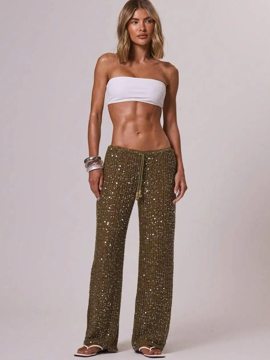 Women Cover Ups Ibiza Boho Vacation Holiday Beach Elegant Summer Sequin Wide Leg Crochet Trouser