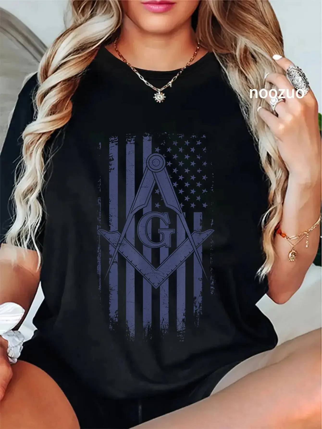 Women's 100% Cotton Short-Sleeve Casual Everyday Tops, Unisex Masonic American Flag Square & Compass Freemason Navy Blue Apparel T-Shirt, Shortsleeve, Printed