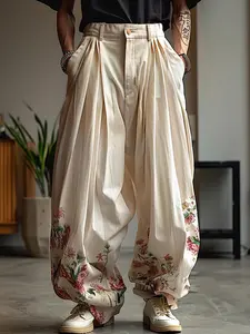 Vintage Mens Zipper Bottoms Floral Wide-Leg Loose Long Pants Casual Street Style Bohemian Street Trousers