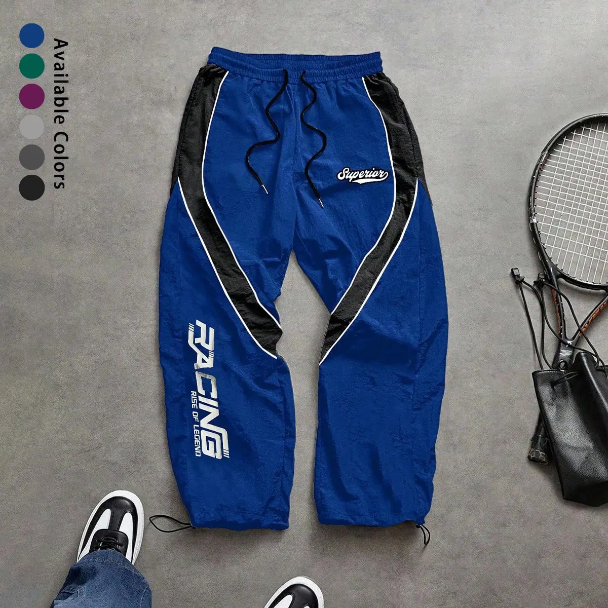 Men's Racing Style High Street Joggers, Contrast Black Patchwork Taping Details, Cool Racing Letter Print, Dual Drawstring Elastic Ankle, Comfortable Breathable Lightweight Casual Pants for Spring & Summer