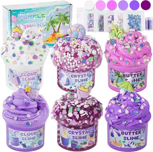 Easter 2026 Gift 6-Pack Gradient Purple Slime Kit for Kids – Cloud, Butter & Clear Slimes, Crunchy Slime DIY Set with Beach Charms & Add-Ins, Party Favors