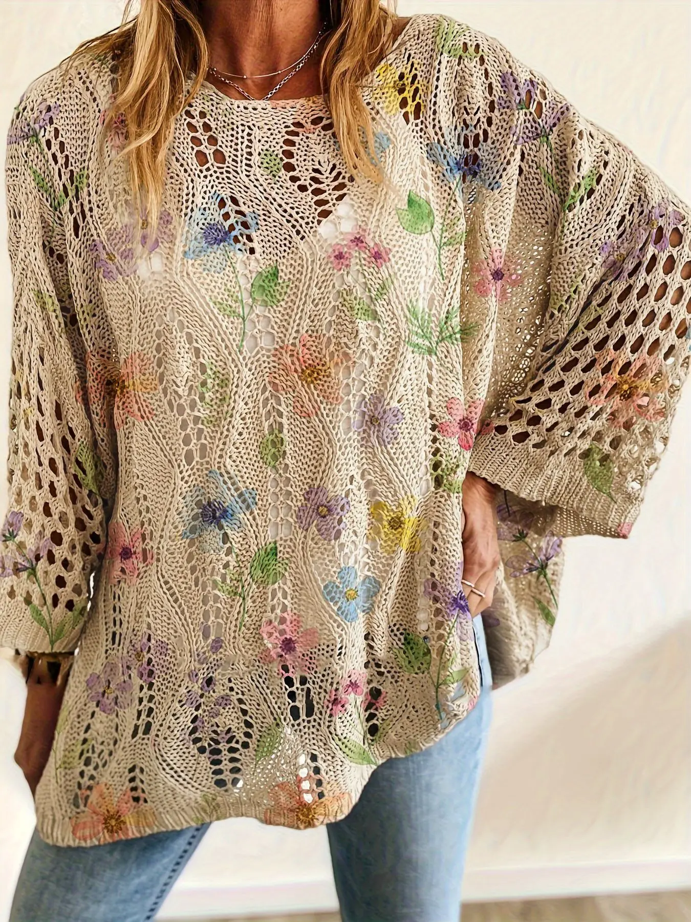 Spring/Summer style, boat neck with diamond cutout, batwing drop shoulder loose fit, long-sleeve women's knitted top with contrast color floral print, vacation style, casual and elegant for commuting, women's vest cover-up, bikini cover-up, Womenswear.