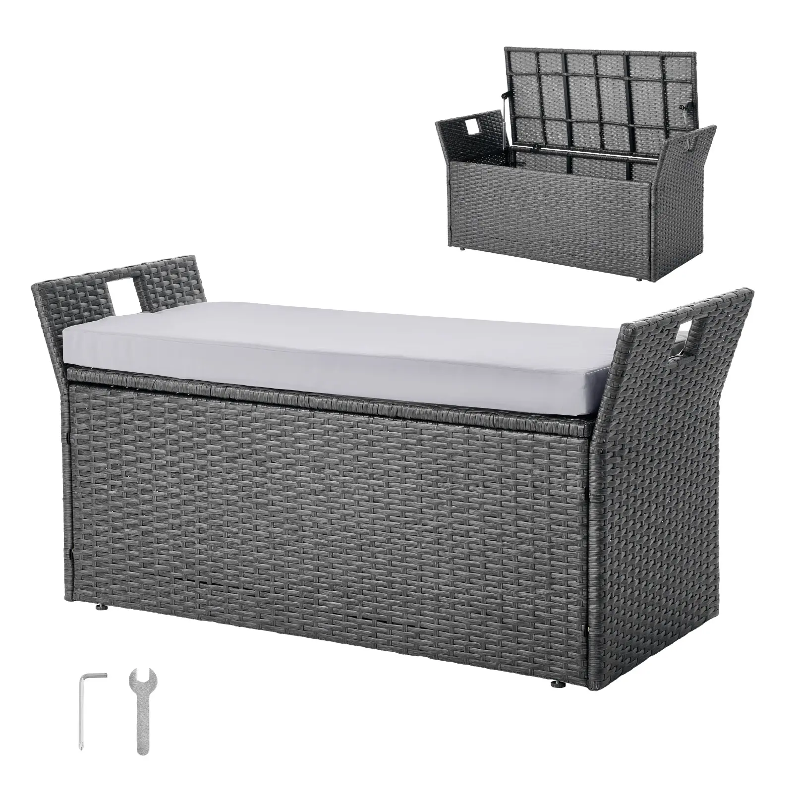 VEVOR Heavy-Duty Home Outdoor Furniture Storage Bench, 2-Person PE Rattan Multi-Seat, 400 lbs Capacity, 40gal Deck Box, 2.4-inch Thick Removable Cushion, Side Handles, Quick Setup Garden Decor [Father's Day Gift], Durable Exterior-Facing Bench, 2.4-Inch T