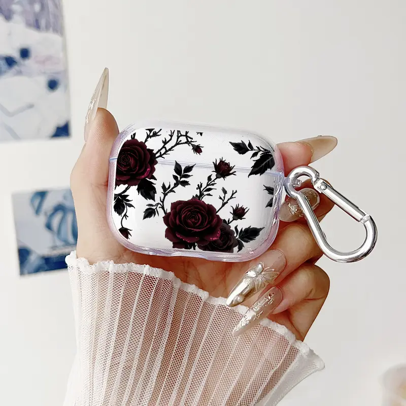 Dark Rose Pattern TPU Soft Protective Case for Apple AirPods 4/3/2/1/Pro/Pro2 Transparent Earphone Cover with Keychain Attachment