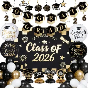 PartyWoo 2026 Graduation Decorations Kit, Class of 2026 Black Gold White 40pcs Set with Congrats Backdrop, Black Checkered Banner, Hanging Swirls, Foil Latex Balloons, Centerpieces (Ideal Gift)