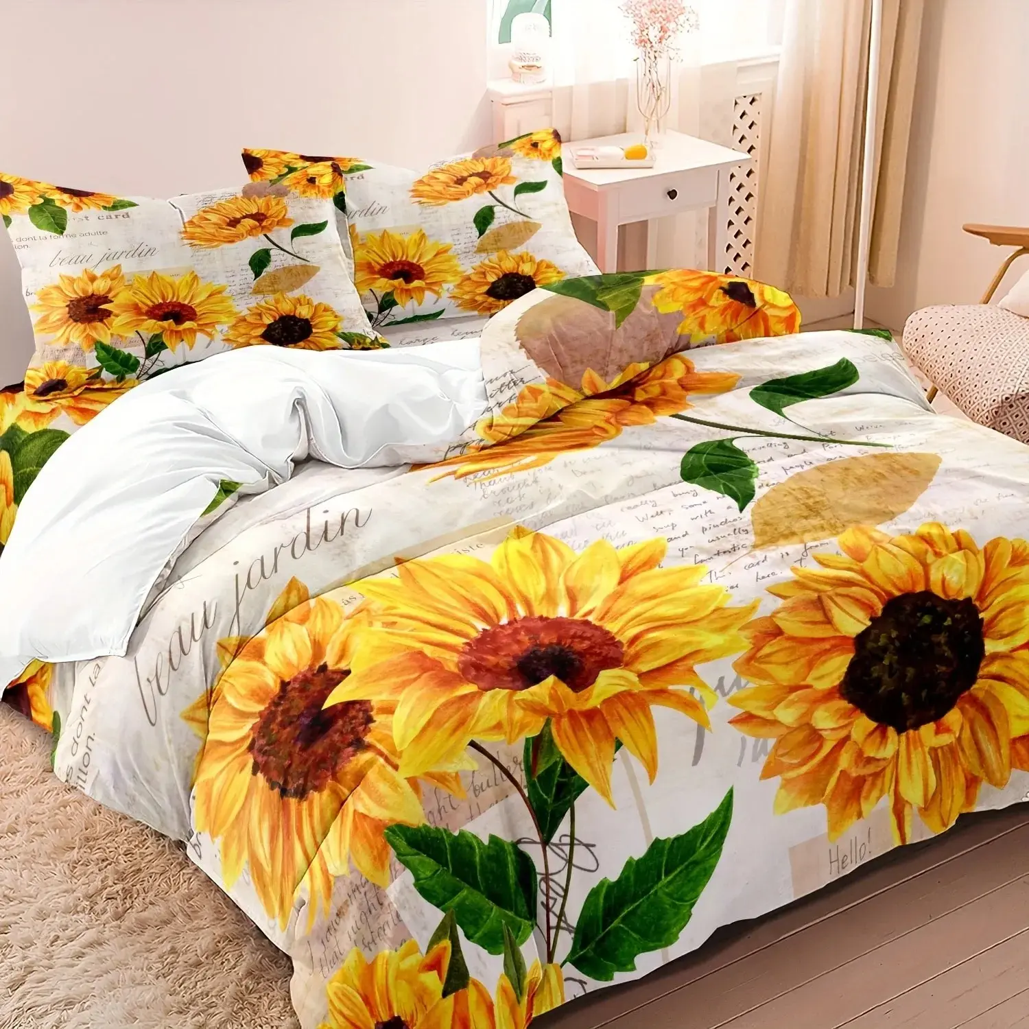 Sunflower Pattern Printed Decorative Bedding Set, Soft Breathable Polyester Fabric, All-Season Use, Includes 1 Fitted Sheet + 2 Pillowcases, Bedroom Bedding Set, Bed Sets