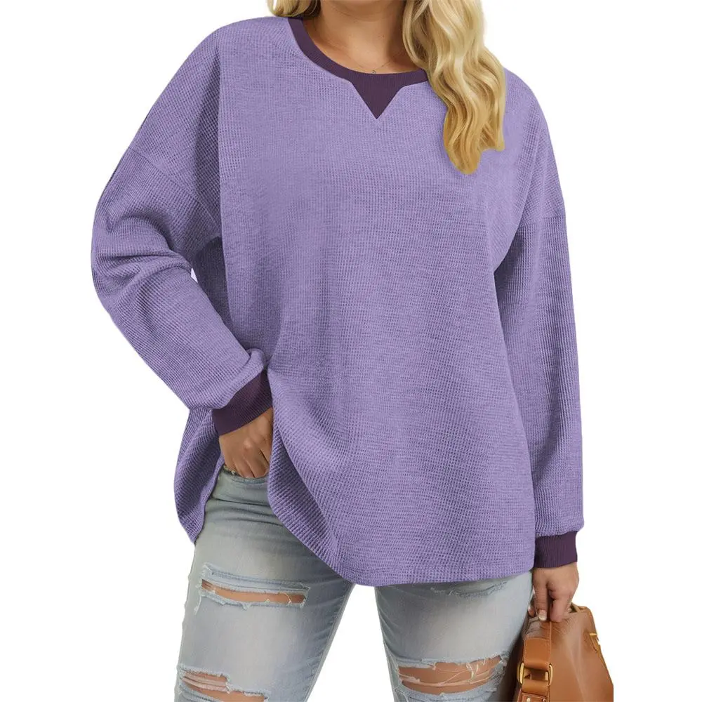 Women's Plus Size Waffle Knit Sweatshirts - Chic Colorblock Long Sleeve Drop Shoulder Oversized Loose Fit Tunics, Stretchy Breathable Lightweight Casual Knitwear for Work, Valentine's Day, Easter