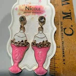 Pink and white enamel Goldtone post earrings