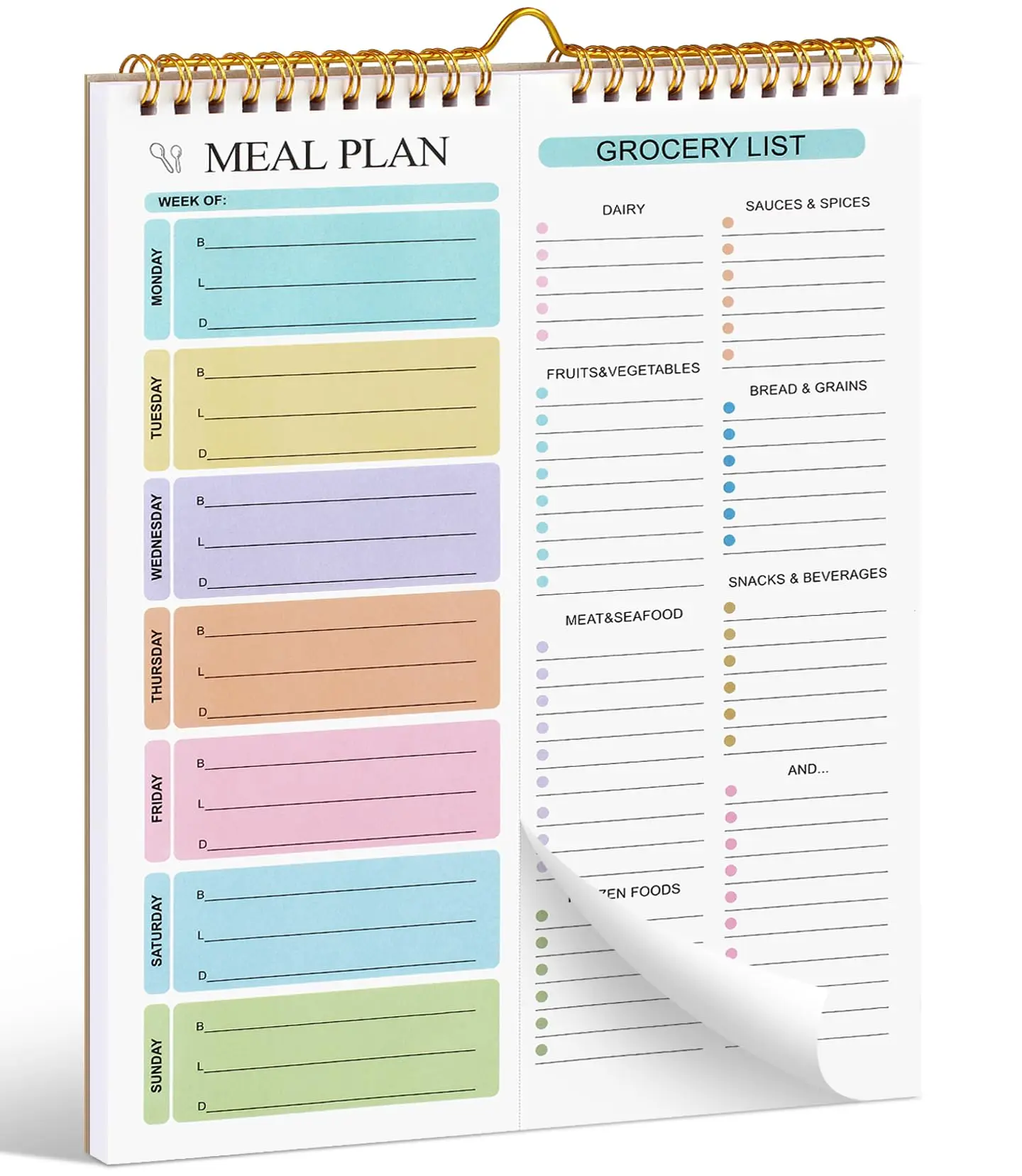 Spiral-Bound Weekly Menu Planner Notebook - 8.5"x11" Magnetic Backing 50-Sheet Vertical Pad, Office Stationery with Meal & Grocery List Sections, Resists Tearing & Curling, Smooth Writing Experience, Fridge-Use Organizer for Ingredients