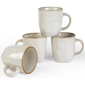 Coffee Mugs Set of 4, Square 13oz Coffee Cup Set with Handle for Cocoa, Milk, Hot Chocolate, Stoneware Cups for Kitchen, Reactive Glaze, Microwave and Dishwasher Safe, Cappuccino White