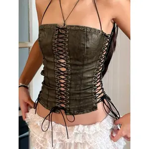 Premium Leather Bustier Tank Top, Faux Leather Cross-Strap Halter Crop Top, Punk Sexy Girl Summer
