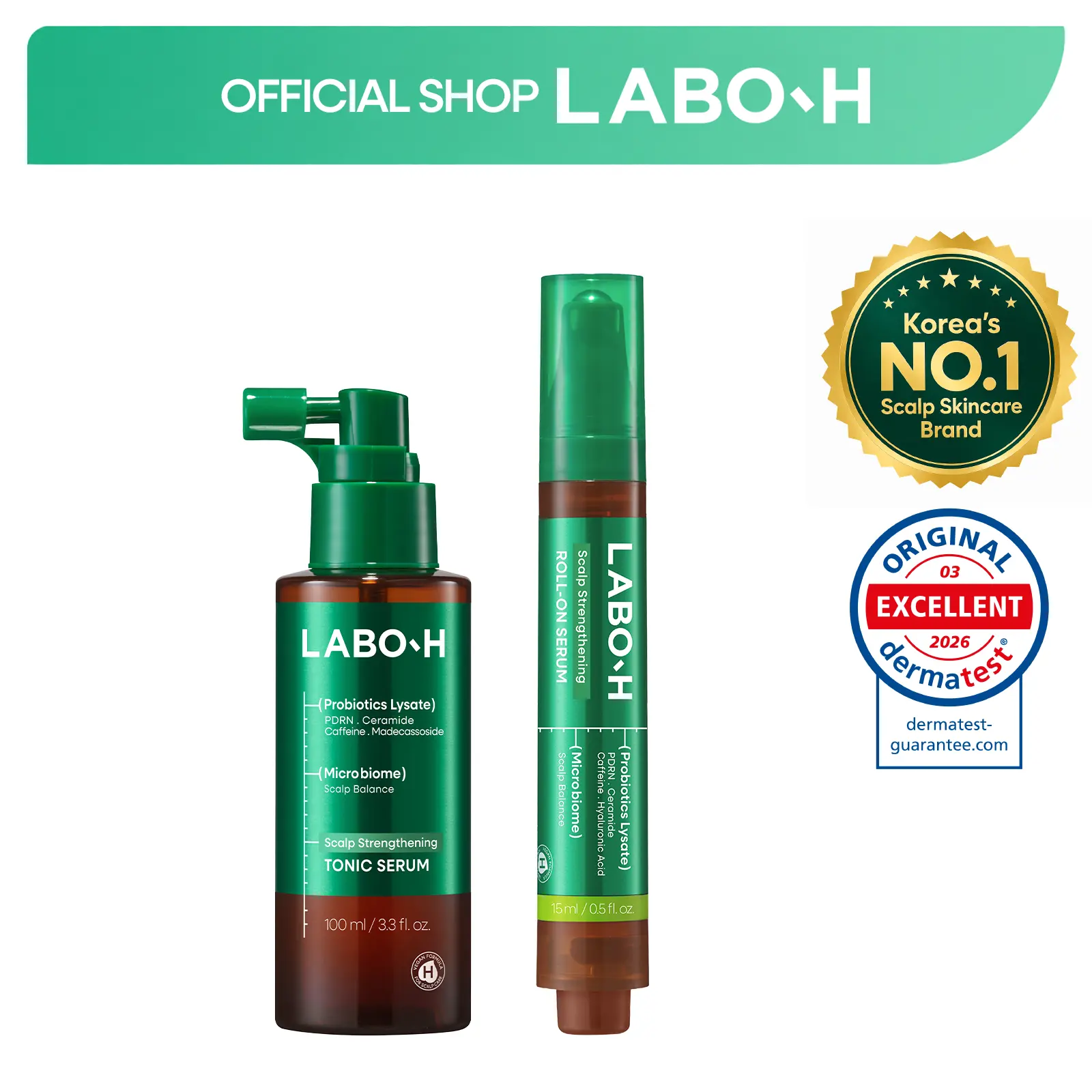 LABO-H Dual Serum Duo | Cooling Scalp Tonic and PDRN Roll-On Serum | Daily Leave-On Hair Loss Routine Set | Korean Haircare